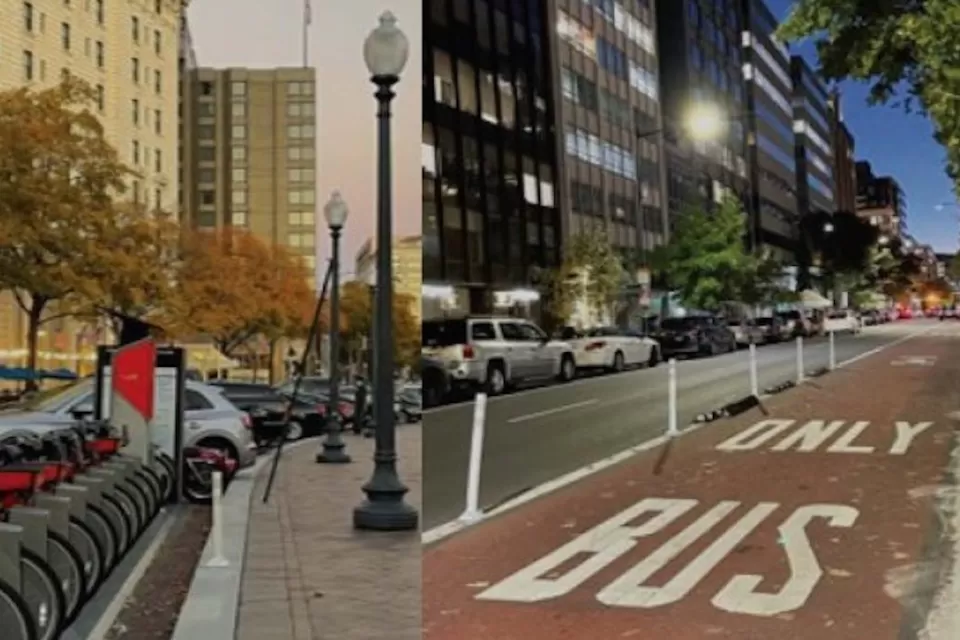 Side-by-side images of a bike share station and a bus-only lane.